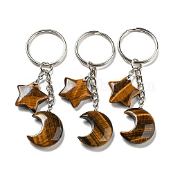 Reiki-Schlüsselanhänger mit natürlichem Tigerauge, Mond und Stern, mit eisernen Schlüsselanhängerringen, 7.8 cm
