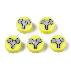 Manuell Polymer Ton Perlen, für DIY Schmuck Bastelbedarf, flach rund mit Elefanten, Gelb, 9~9.5x3.5~5 mm, Bohrung: 1.6 mm