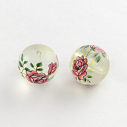 Flower Picture Frosted Transparent Glass Round Beads, Pale Violet Red, 14x13mm, Hole: 1.5mm
