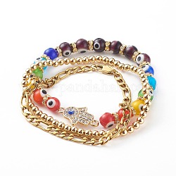 Ensembles de bracelets extensibles chakra et bracelets chaîne, avec le mal de perles au chalumeau des yeux, 304 chaines figaro inox et perles rondes laiton, Hamsa main, colorées, or, 2-1/4 pouce (5.6 cm), 7-5/8 pouce (19.5 cm), 2-3/8 pouce (6 cm), 3 pièces / kit