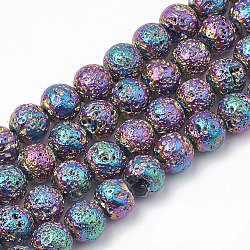 Electroplated Natural Lava Rock Beads Strands, Round, Bumpy, Colorful, 8~8.5mm, Hole: 1mm, about 46pcs/strand, 14.5 inch