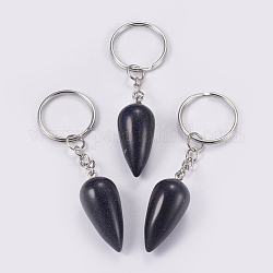 Synthetic Blue Goldstone Keychain, with Iron Key Rings, Platinum, teardrop, 80.5mm, Pendant: 33.5x15.5mm