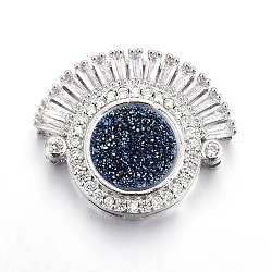 Brass Micro Pave Cubic Zirconia Slide Charms, with Resin, Flat Round & Arch, Platinum, Prussian Blue, 22.5x27.5x9mm, Hole: 1.5x5mm