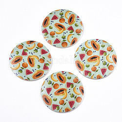 Fruit Seris Printed Wood Pendants, Flat Round with Papaya Pattern, Pale Turquoise, 30x5mm, Hole: 1.6mm