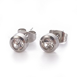 304 Stainless Steel Rhinestone Stud Earrings, with Ear Nuts/Earring Back, Flat Round, Stainless Steel Color, 6mm, Pin: 0.7mm, 12pairs/card
