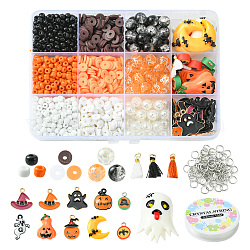 DIY Halloween Bracelet Making Kit, Including Seed Beads, Bat & Cap Polymer Clay Charms & Disc Beads, Ghost & Pumpkin Resin Cabochons, Polycotton Tassel & Alloy Enamel Pendants, Mixed Color, 1058Pcs/box