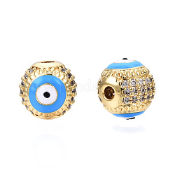 Brass Micro Pave Cubic Zirconia Beads, with Enamel, Real 18K Gold Plated, Round with Evil Eye, Nickel Free, Deep Sky Blue, 10mm, Hole: 2mm