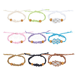 Pandahall elite 9pcs 9 couleurs cordon de coton ciré bracelets tressés, avec des perles en bois  , pochette en macramé porte pierre vide pour fabrication de bracelet réglable, couleur mixte, diamètre intérieur: 2-1/4~3-1/8 pouce (5.8~7.9 cm), 1 pc / couleur