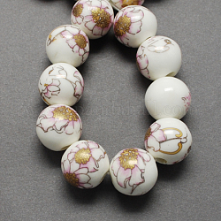 Perles de porcelaine imprimées manuelles, ronde, verge d'or, 16mm, Trou: 4mm