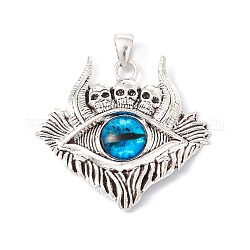 Glass Pendants, with Antique Silver Plated Alloy Findings, Skull with Evil Eye, Dodger Blue, 37.5x39x6mm, Hole: 6x4mm