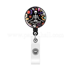 ABS Plastic Badge Reel, Retractable Badge Holder, with Iron Alligator Clip, Flat Round with Skeleton Pattern, Skull Pattern, 85x32mm