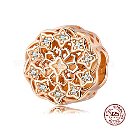925 Silber Euorpean Perlen, mit Zirkonia, Blume, Transparent, Echtes rosafarbenes Gold überzogen, 11 mm