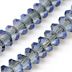 Chapelets de perles en verre électroplaqué, plein plaqué, facette, Toupie, bleu acier, 6x3.5mm, Trou: 1mm