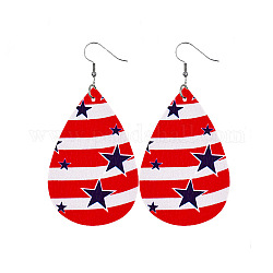 Flag Color Teardrop Leather Dangle Earrings, Independence Day Theme Jewelry for Women, Star Pattern, 78x38mm