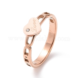 Corazón de rhinestone de cristal con anillo de dedo de palabra amor, chapado en iones (ip) 304 joyería de acero inoxidable para mujer, oro rosa, nosotros tamaño 6~9 1/4 (16.5~19.1 mm)