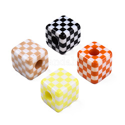 Opaque Resin European Beads, Large Hole Beads, Cube with Tartan Pattern, Mixed Color, 15.5x15.5x16mm, Hole: 6mm