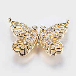 Ottone micro spianare pendenti zirconi, farfalla, oro, 19x26x2.5mm, Foro: 0.6 mm