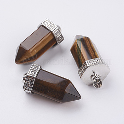 Natural Tiger Eye Pointed Pendants, with Brass Finding, Bullet, Platinum, 39x18mm, Hole: 4.5x5.5mm