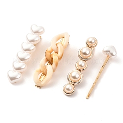 Conjuntos de pinzas de pelo de cocodrilo de hierro de perlas de imitación, con acrílico y resina, formas mixtas, peachpuff, 59~63.5x14~16.5x11~17mm, 4 PC / sistema