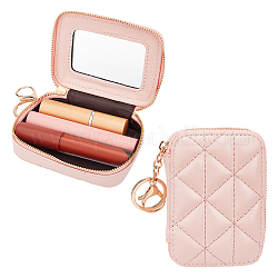 PU Leather Zipper Lipstick Storage Bags, Portable Lip Balm Organizer Holder for Women Ladies, Clutch Bag with Mirror & Keychain, Pink, 10.85x7.5x4.2cm