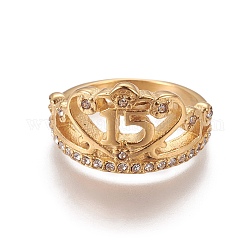 イオンプレーティング（ip）304ステンレスフィンガー指輪  ポリマークレイラインストーン付き  クラウン  クリスタル  ゴールドカラー  サイズ6~9  16~19mm