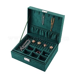 Velvet & Wood Jewelry Boxes, Portable Jewelry Storage Case, with Alloy Lock, for Ring Earrings Necklace, Rectangle, Sea Green, 23.1x18.7x9.1cm