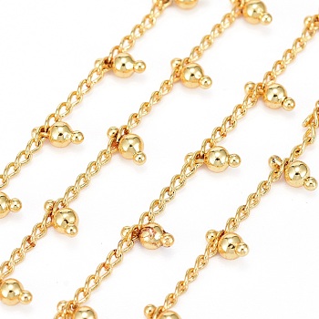 Handmade Brass Beaded Chains, with Brass Curb Chains and Spool, Long-Lasting Plated, Soldered, Lead Free & Cadmium Free, Round, Real 18K Gold Plated, 2.8x1.8x0.3mm, Round: 6x3x3mm, about 32.8 Feet(10m)/roll