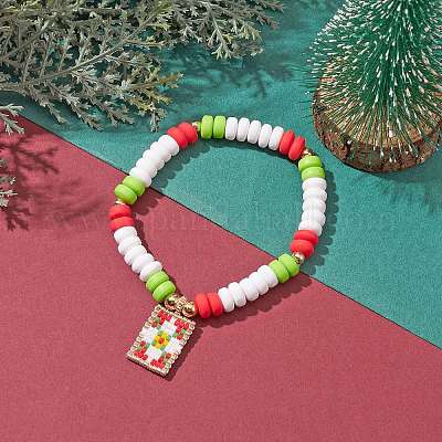 Handmade Polymer Clay Bead Stretch Bracelets for Women, Seed Beads Loom Pattern Rectangle Pendant Bracelets, Christmas, Flower