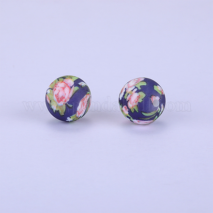 Bedruckte runde Fokalperlen aus Silikon mit Blumenmuster SI-JX0056A-161-1