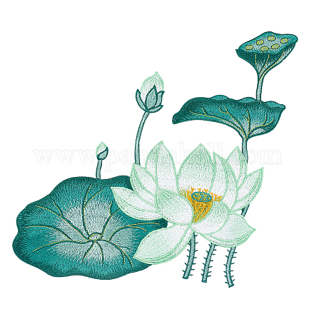 Lotus & Lotus Pod Pattern Polyester Fabrics Computerized Embroidery Cloth Sew on Appliques PATC-WH0009-01B-1