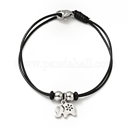 304 Stainless Steel Elephant Charm Bracelet with Waxed Cord for Women BJEW-A125-15-1
