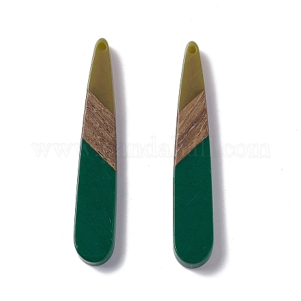 不透明な樹脂とクルミ材のペンダント  ティアドロップチャーム  濃い緑  44x7.5x3.5mm  穴：1.5mm RESI-M027-12C-1