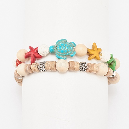 2 set di braccialetti elastici con perline di fiori e stelle marine in stile 2 pezzi BJEW-JB08027-1
