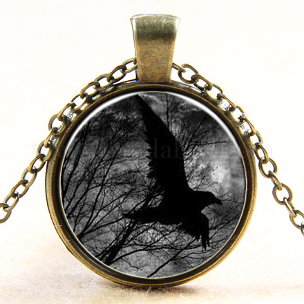 Raven/Crow Pattern Flat Round Glass Pendant Necklaces X-NJEW-N0051-056C-01-1