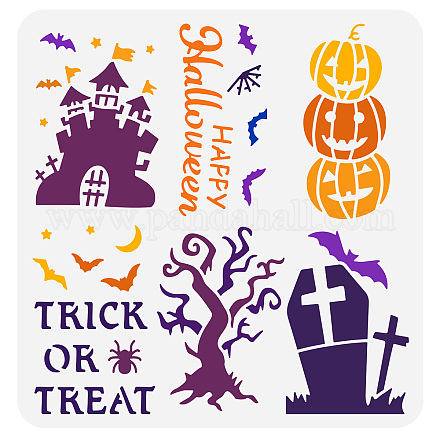 FINGERINSPIRE Halloween Themed Stencils for Painting 11.8x11.8inch Reusable Halloween Pumpkin Tombstone Old Castle Bat Scary Tree Decoration Stencils for Painting on Wood Wall Floor Furniture DIY-WH0391-0444-1