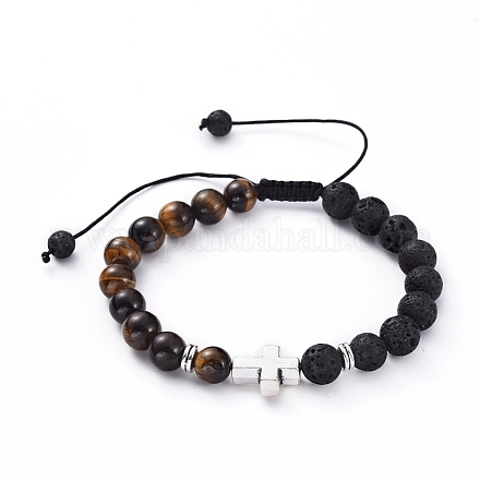 Bracelets tressés réglables en pierre de lave naturelle et perles d'oeil de tigre BJEW-JB04987-02-1