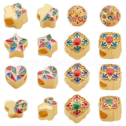 PH PandaHall Golden Spacer Beads 16pcs Enamel European Beads 8 Style Large Hole Beads Heart Butterfly Flower Star Round Spacer Beads Matte Craft Beads for Earring Necklace Bracelet Jewelry Making KK-PH0009-14-1
