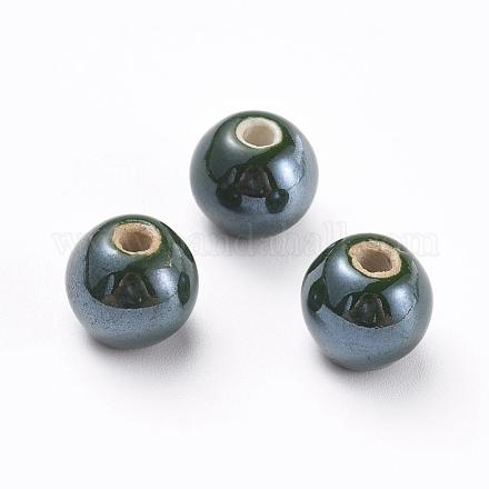 手作りの陶器ビーズ  パールカラーの  ラウンド  濃い緑  10mm  穴：2~3mm PORC-D001-10mm-01-1