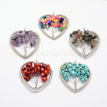 Tree of Life Natural & Synthetic Mixed Stone Bead Brass Wire Wrapped Heart Big Pendants KK-L136-04-NR-1
