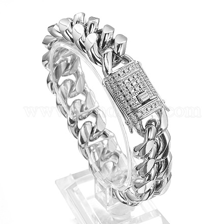 Stainless Steel Curb Chain Bracelet with Rhinestone Clasps WG84387-01-1