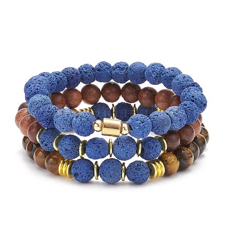 3 pièces 3 bracelets extensibles en pierre mélangée naturelle et synthétique de style sertis de perles de bois pour les femmes BJEW-JB08356-1