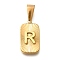 304 Stainless Steel Pendants, Rectangle with Letter Charm, Real 18K Gold Plated, Letter R, 22x12.5x4mm, Hole: 8x4mm