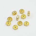 Perline distanziatori strass in ottone, grado B, chiaro, colore metallico oro, misura:circa8mm di diametro, 3 mm di spessore, Foro: 1.5 mm