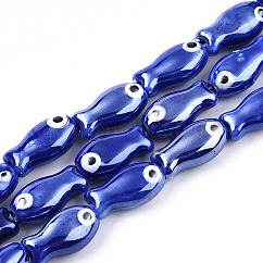 Hebras de cuentas de cerámica de porcelana hecha a mano, pintado a mano, porcelánico esmaltado brillante, pez, azul, 19x10x8mm, agujero: 1.5 mm, aproximamente 17 pcs / cadena, 12.40 pulgada (31.5 cm)