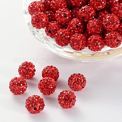 Perles de boule pavé disco , Perles de strass en argile polymère, Grade a, ronde, light siam, strass: pp13 (1.9~2mm), 6 rangs de strass, 10mm, Trou: 1.5mm