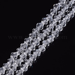 Imitación austriaco cristal 5301 bicono cuentas, Cuentas de vidrio facetado hebras, Claro, 4x4mm, agujero: 0.8~1 mm, aproximamente 75~78 pcs / cadena, 28~29 cm
