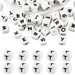 20 pièces blanc cube lettre perles de silicone 12x12x12mm dés carrés alphabet perles avec 2mm trou entretoise perles de lettre en vrac pour bracelet collier fabrication de bijoux, letter.t, 12mm, Trou: 2mm