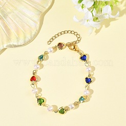 Armbänder aus natürlichen Süßwasserzuchtperlen und Messing-Glasgliederketten für Damen&nbsp;BJEW-JB14219