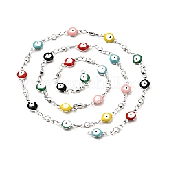 Piatto rotondo smaltato con catene a maglie malocchio&nbsp;CHS-G021-01P-02