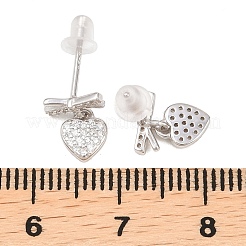 925 подвесные серьги-гвоздики из стерлингового серебра с микропаве из прозрачных кубических цирконий в форме сердца с бантом&nbsp;EJEW-C176-03P